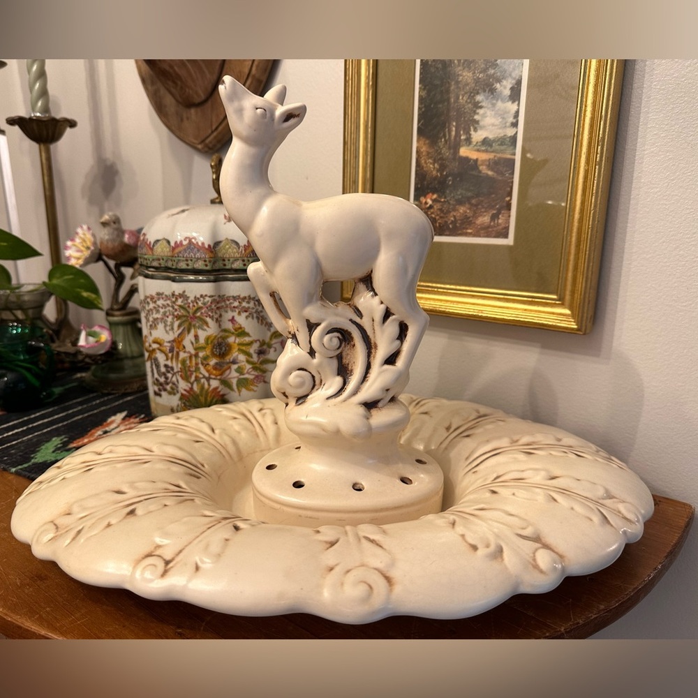 Vintage Red Wing Pottery Deer Flower Frog Centerpiece STUNNING